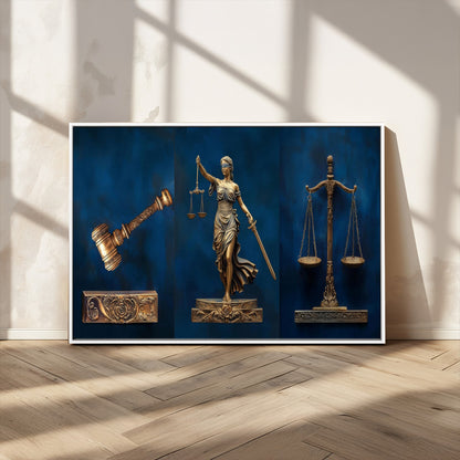 91629053-MGV-CV-36X24-Lady Justice Wall Art – Golden Gavel and Scales Canvas Print, Elegant Legal Office Decor for Lawyers, Judges, Courtroom or Study