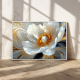 39604126-MGV-CV-36X24-Abstract Flower Wall Art – Elegant White and Gold Bloom Canvas Print, Modern Floral Artwork for Bedroom, Living Room, or Office