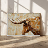 69611428-MGV-CV-36X24-Longhorn Bull Wall Art – Rustic Western Canvas Print, Textured Farmhouse Cattle Painting for Living Room, Office, or Ranch House