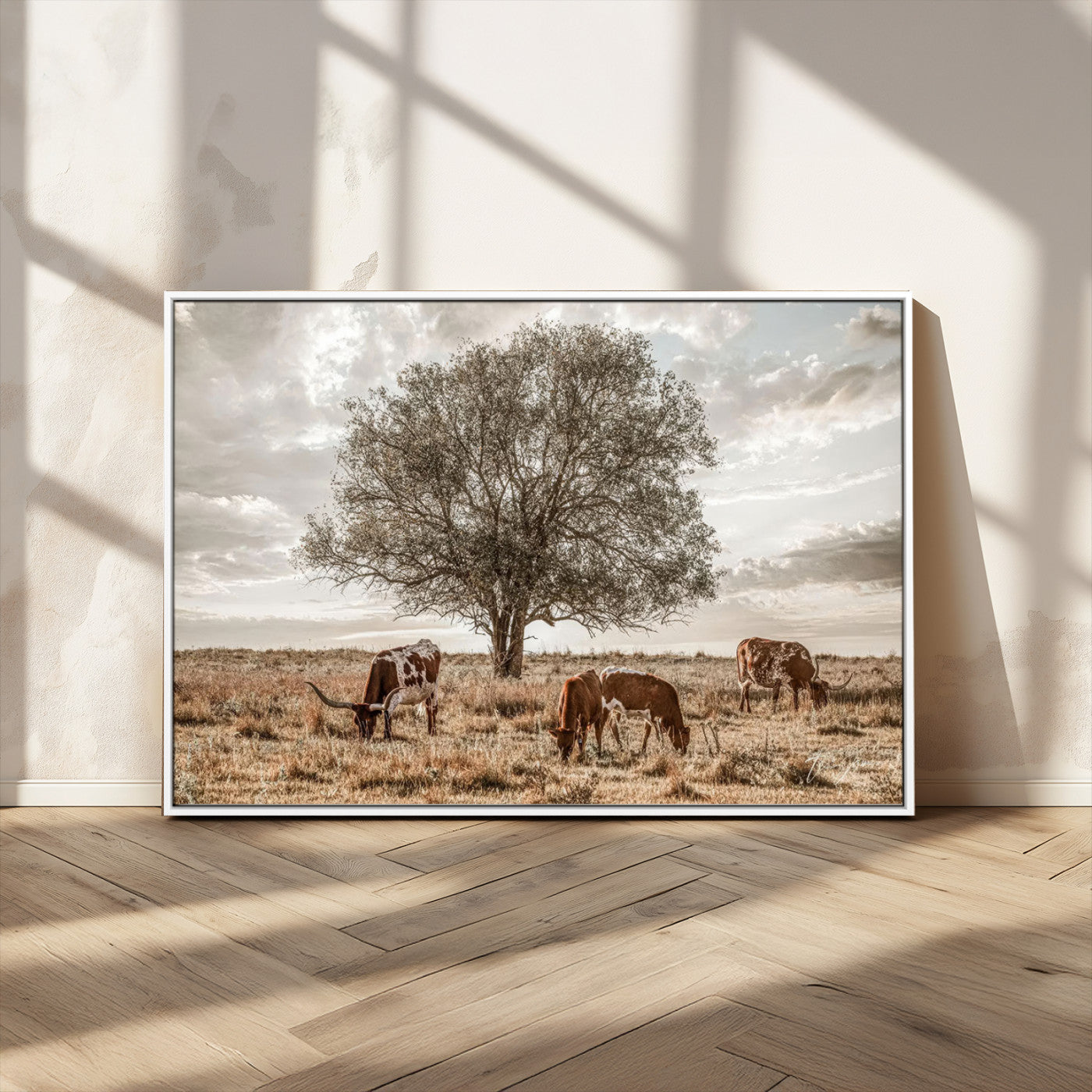 87590224-MGV-CV-36X24-Longhorn Cattle Wall Art – Rustic Western Landscape Canvas Print, Texas Farmhouse Prairie Scene for Living Room, Office, or Ranch