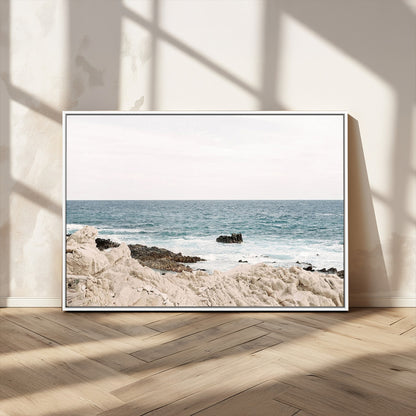 25481980-MGV-CV-36X24-Ocean Coastal Wall Art – Rocky Shoreline and Waves Canvas Print, Serene Beach Landscape Decor for Living Room, Bedroom, or Office