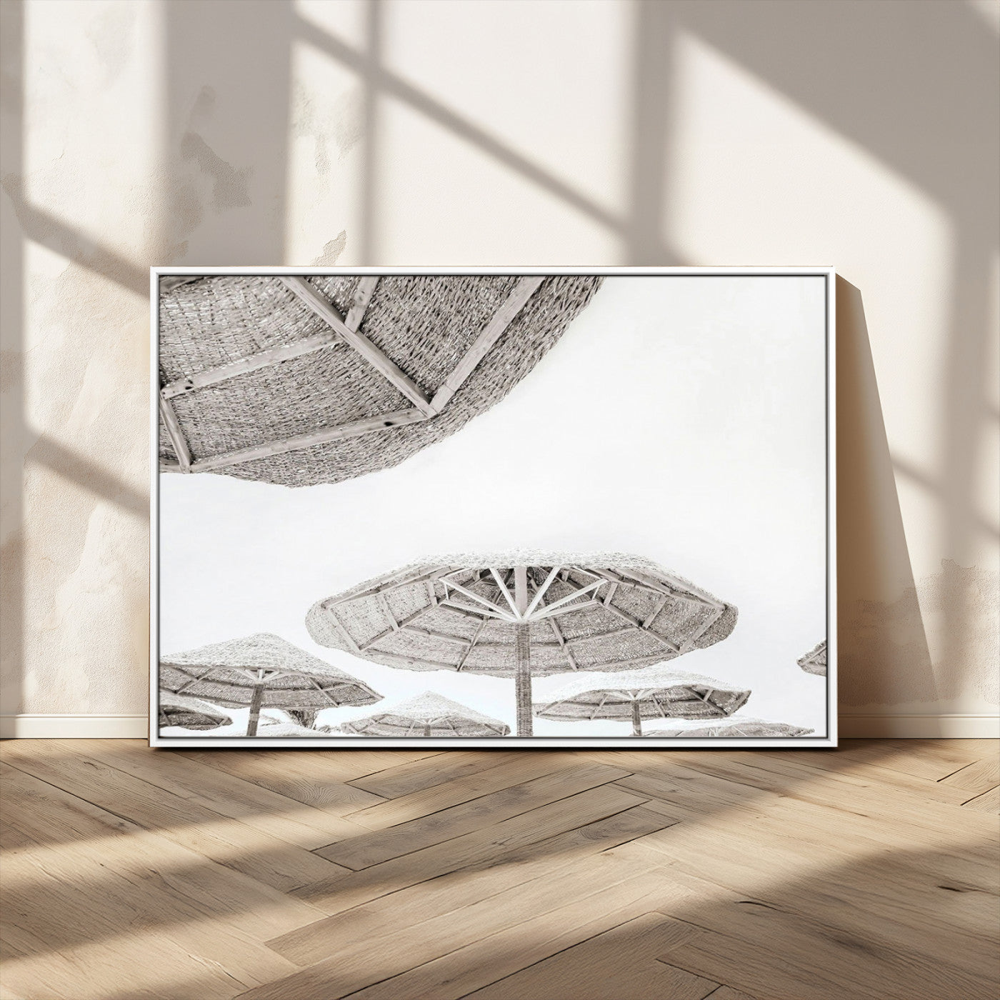 97043123-MGV-CV-36X24-Beach Umbrella Wall Art – Minimalist Coastal Canvas Print, Woven Parasol Summer Decor for Bedroom, Living Room, or Modern Beach