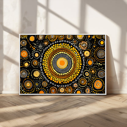 45478523-MGV-CV-36X24-Abstract Circle Wall Art – Bold Black and Gold Dot Painting Canvas Print, Modern Geometric Mandala Style Decor for Living Room or