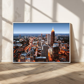 25096967-MGV-FC-36X24_White-Atlanta Skyline Wall Art – Vibrant Cityscape Canvas Print, Modern Night Lights Urban Decor for Office, Living Room, or Apartment