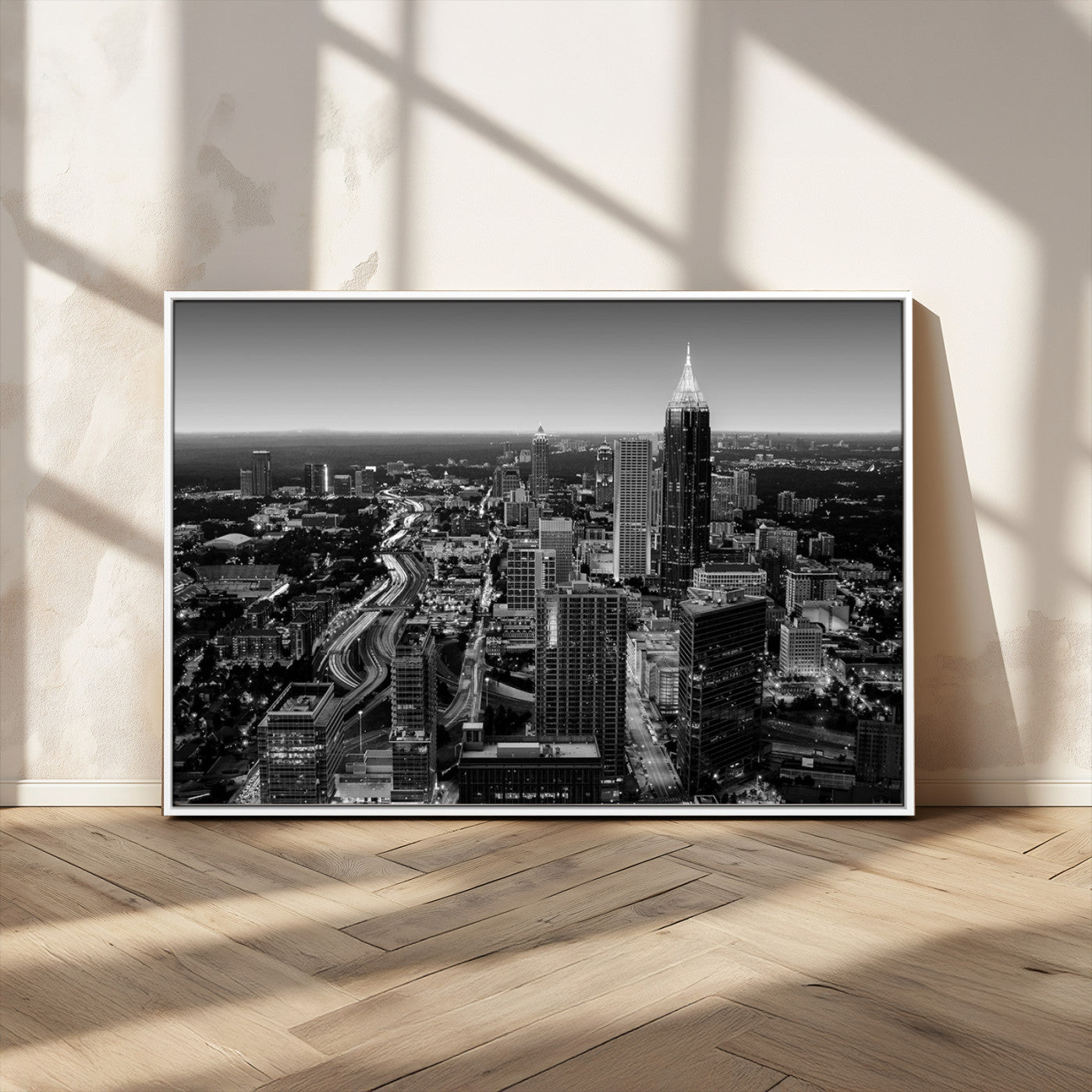 46578567-MGV-CV-36X24-Atlanta Skyline Wall Art – Black and White Cityscape Canvas Print, Modern Urban Night Decor for Office, Living Room, or Apartment