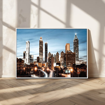 23859158-MGV-CV-36X24-Atlanta Skyline Wall Art – Modern Cityscape Canvas Print with Night Lights and Traffic Trails, Urban Decor for Office, Apartment,