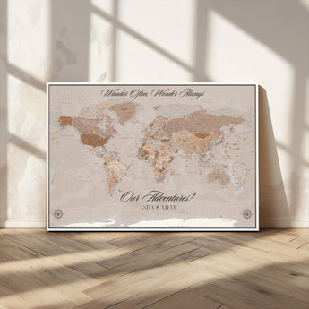 95243244-MGV-CV-36X24-Wander Often Wonder Always World Map Wall Art – Neutral Beige Adventure Canvas Print, Rustic Boho Travel Decor for Bedroom, Living