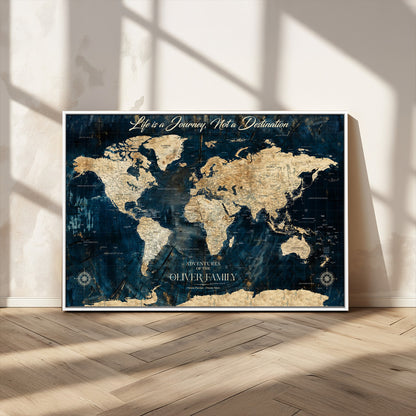 36970886-MGV-CV-36X24-Life is a Journey Not a Destination World Map Rustic Navy Beige Vintage Travel Wall Art Adventure Quote Canvas Print for Home