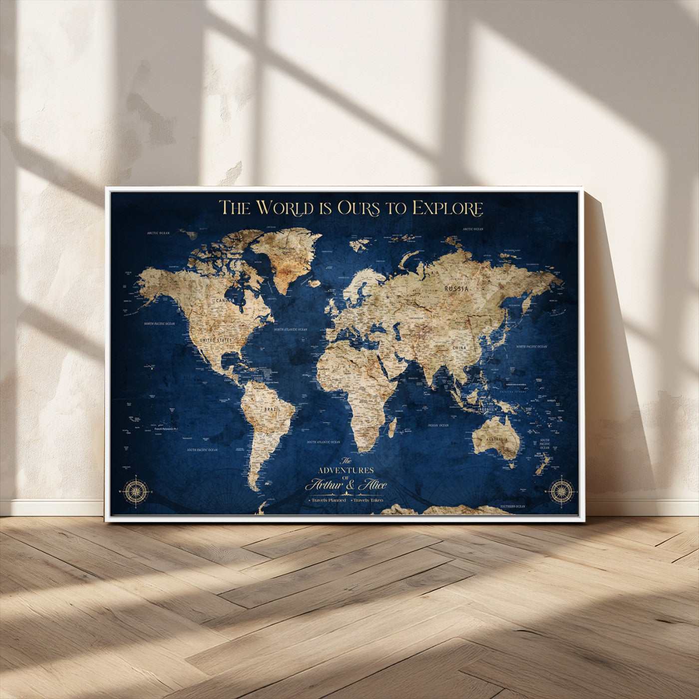54782997-MGV-CV-36X24-The World is Ours to Explore Wall Art – Blue World Map Canvas Print, Adventure Travel Decor for Home, Office or Living Room,