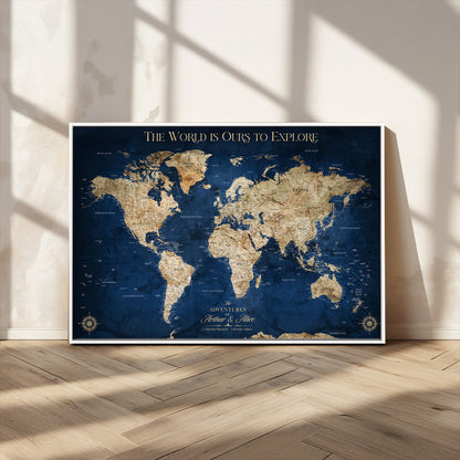 54782997-MGV-CV-36X24-The World is Ours to Explore Wall Art – Blue World Map Canvas Print, Adventure Travel Decor for Home, Office or Living Room,