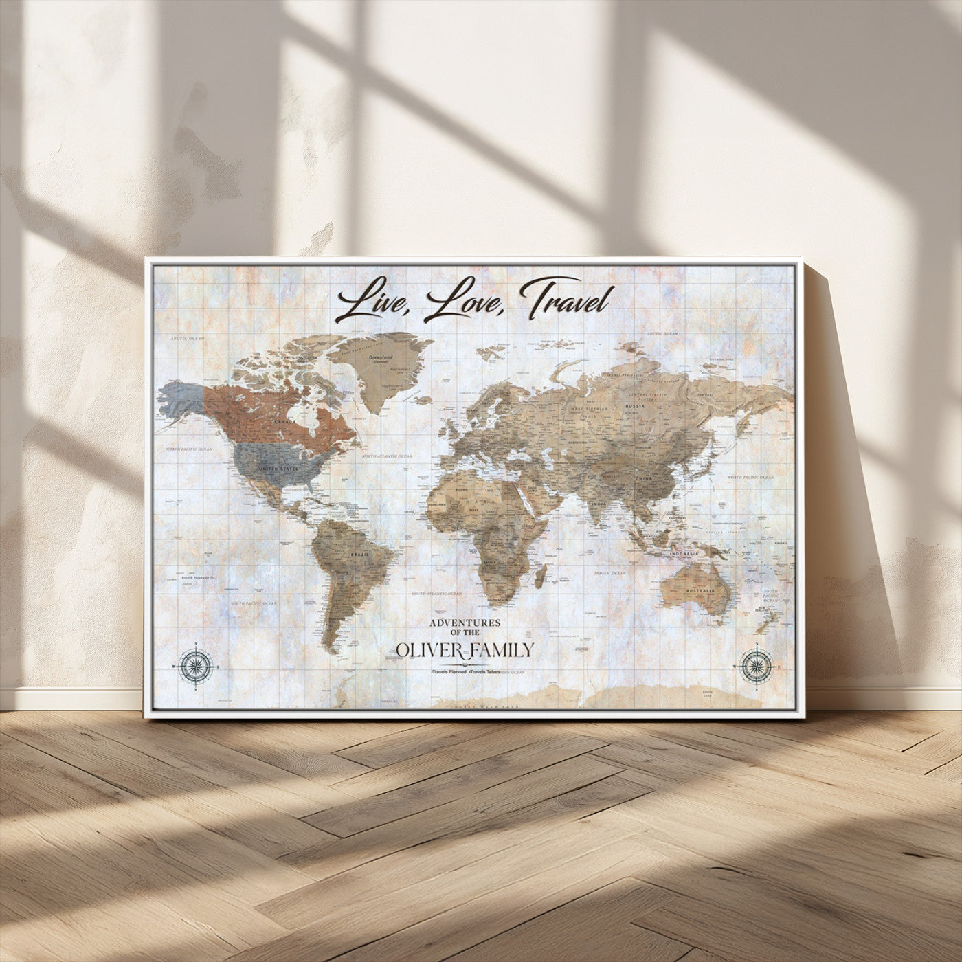 43924907-MGV-CV-36X24-Live Love Travel Wall Art – Neutral World Map Canvas Print, Rustic Adventure Decor for Home, Office or Living Room, Unique Gift
