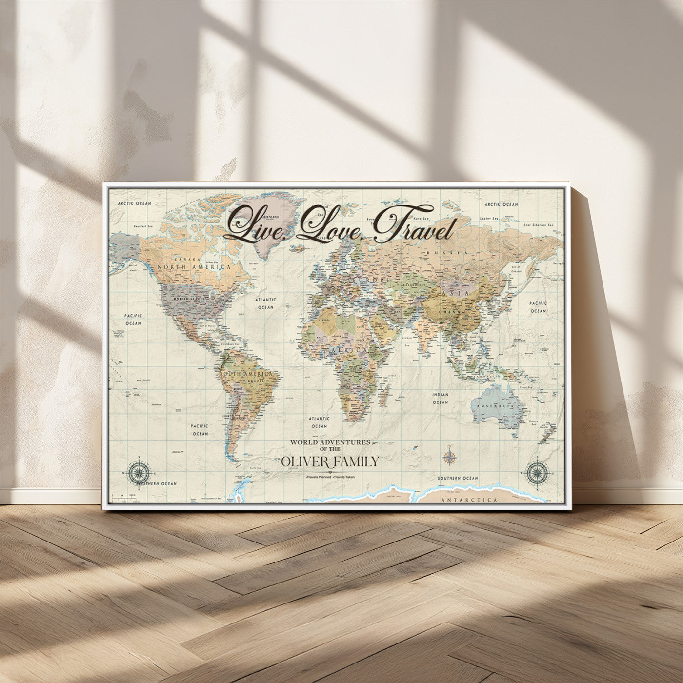 19479008-MGV-CV-36X24-Live Love Travel Wall Art – Detailed World Map Canvas Print, Adventure Decor for Living Room, Office or Bedroom, Travel Gift for