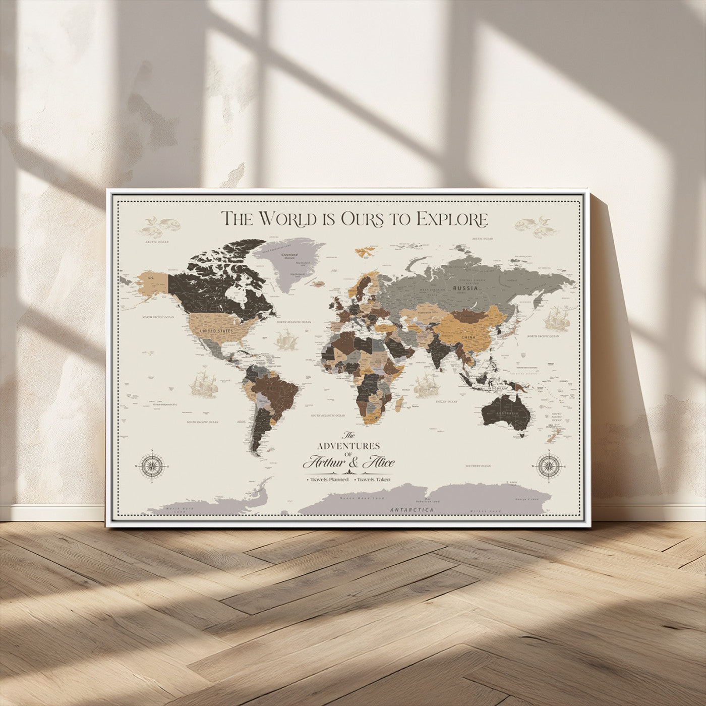 90024882-MGV-CV-36X24-The World is Ours to Explore Wall Art – Earth Tone World Map Canvas Print, Adventure Travel Decor for Living Room, Office or