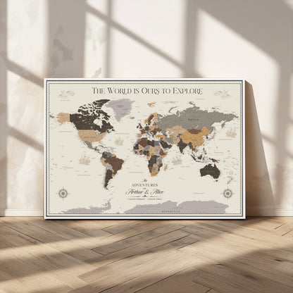 90024882-MGV-CV-36X24-The World is Ours to Explore Wall Art – Earth Tone World Map Canvas Print, Adventure Travel Decor for Living Room, Office or