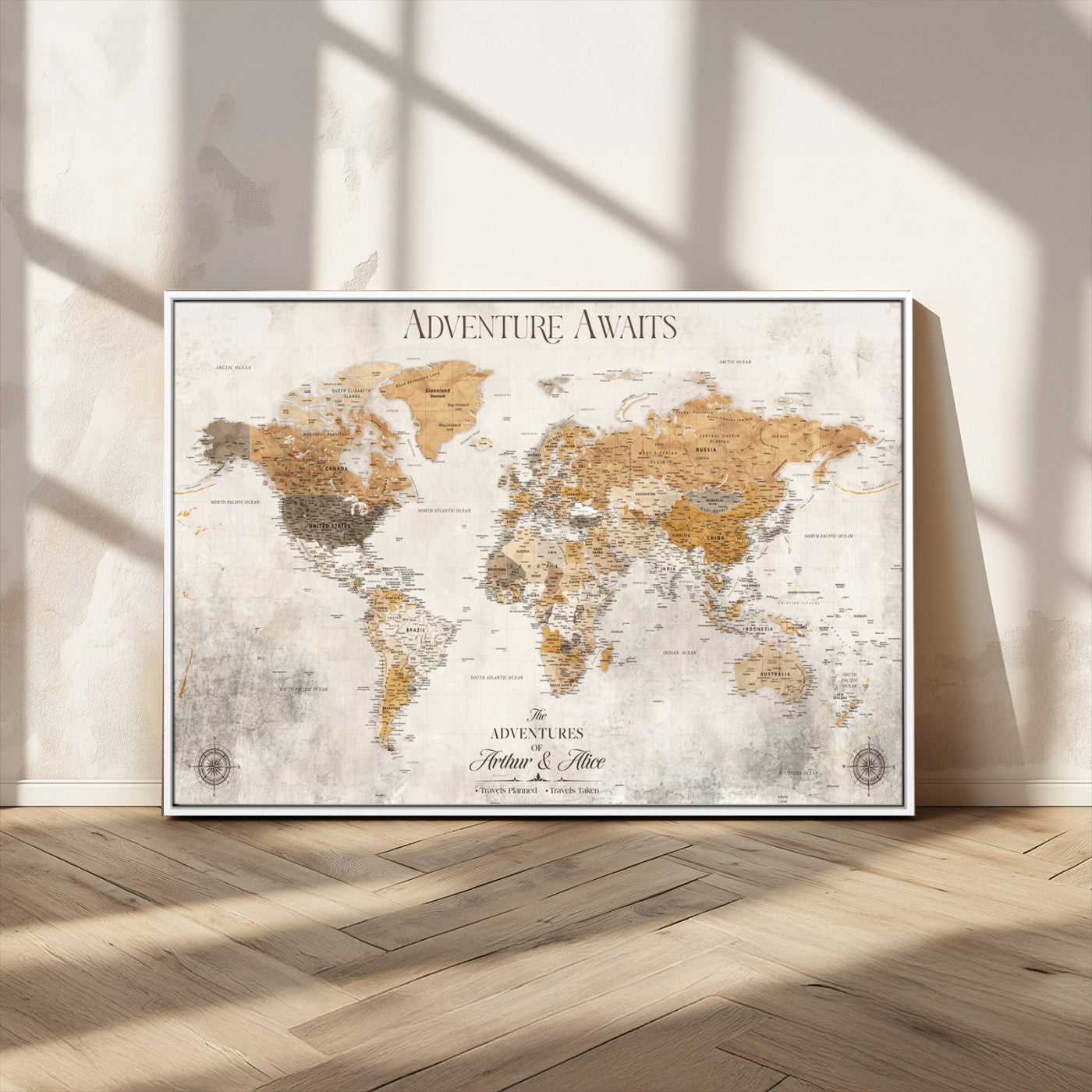 99422096-MGV-CV-36X24-Adventure Awaits World Map Wall Art – Neutral Beige Canvas Print, Modern Travel Inspired Wall Decor for Living Room, Bedroom or