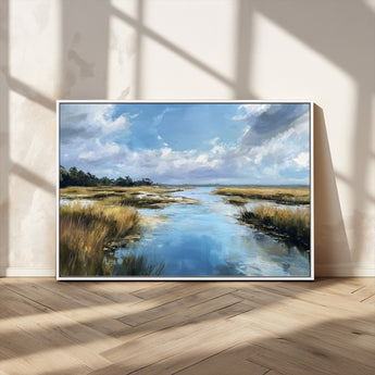 87082041-MGV-CV-36X24-Marshland Landscape Wall Art – Serene Nature Canvas Print with Blue Sky and Reflections, Tranquil Scenic Painting for Living Room,
