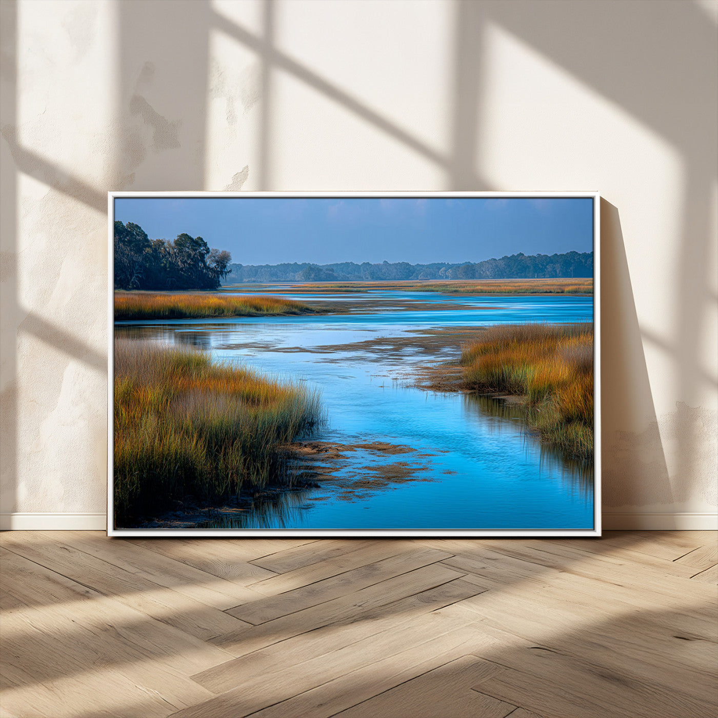 26300004-MGV-CV-36X24-Tranquil Marshland Canvas Wall Art – Blue Water, Reflective Sky, Golden Grasses, Calm Nature Landscape, Scenic Outdoor Beauty for