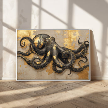 57944271-MGV-CV-36X24-Octopus Wall Art – Black and Gold Nautical Canvas Print, Modern Ocean Inspired Artwork with Elegant Detailing, Coastal Marine