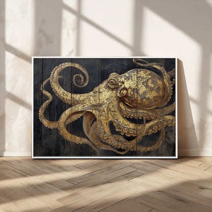 47056538-MGV-CV-36X24-Octopus Wall Art – Gold Nautical Canvas Print with Rustic Wood Texture, Marine Creature Artwork for Coastal Ocean Decoration in