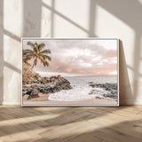 18005328-MGV-CV-36X24-Tropical Beach Canvas Wall Art – Palm Tree, Rocky Shoreline, Ocean Waves, Sunset Clouds, Calm Sea, Island Nature Relaxation for