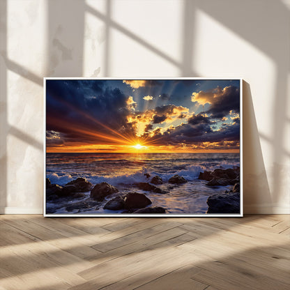 35900590-MGV-CV-36X24-Ocean Sunset Wall Art – Vivid Seascape Canvas Print with Sunburst Sky, Crashing Waves and Rocky Shore, Dramatic Coastal