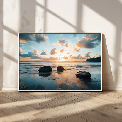 23879436-MGV-CV-36X24-Ocean Sunset Wall Art – Serene Seascape Canvas Print with Golden Sky, Reflections on Sand and Calm Waves, Peaceful Coastal