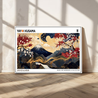 28945903-MGV-CV-36X24-Yayoi Kusama Inspired Japanese Art Canvas Print – Framed Floral & Mt. Fuji Wall Decor, Modern Asian Style Canvas for Home, Office,