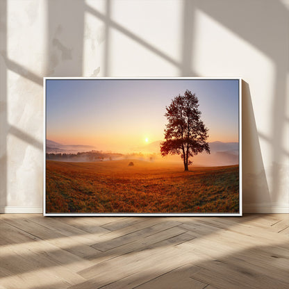 57919623-MGV-CV-36X24-Sunrise Landscape Wall Art – Golden Morning Canvas Print with Tree, Misty Hills and Open Field, Peaceful Nature Photography for