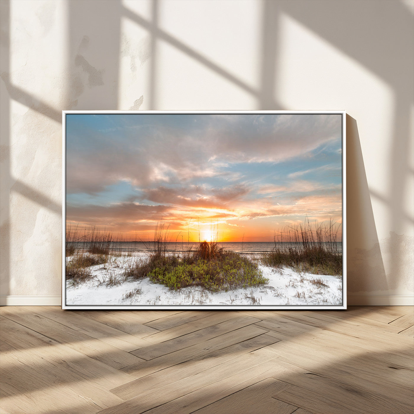 58266230-MGV-CV-36X24-Beach Sunset Wall Art – Coastal Canvas Print with Sandy Dunes, Sea Grass and Golden Sky, Serene Ocean Landscape Photography for