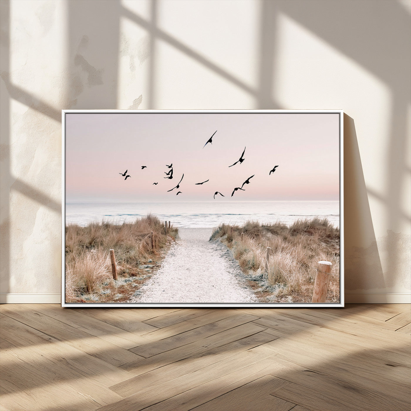 34632598-MGV-CV-36X24-Coastal Pathway Canvas Wall Art – Framed Seaside Landscape, Large Beach and Birds Canvas Print for Home, Office, or Living Room