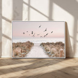 34632598-MGV-CV-36X24-Coastal Pathway Canvas Wall Art – Framed Seaside Landscape, Large Beach and Birds Canvas Print for Home, Office, or Living Room