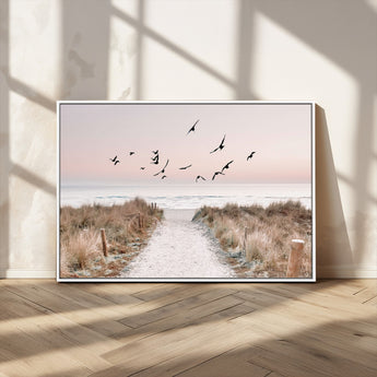 34632598-MGV-CV-36X24-Beach Pathway Wall Art – Coastal Canvas Print with Sandy Trail, Flying Birds and Pastel Sky, Serene Ocean Landscape Photography