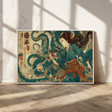 46837670-MGV-FC-36X24_White-Tsukioka Yoshitoshi Samurai Wall Art Print, Japanese Katana Warrior Canvas Wall Art, Octopus Sea Monster Canvas Print,