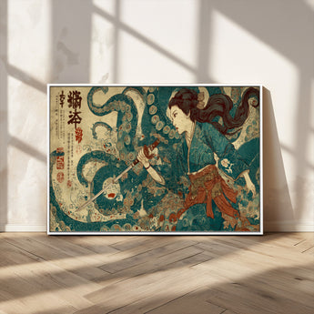 46837670-MGV-FC-36X24_White-Tsukioka Yoshitoshi Samurai Wall Art Print, Japanese Katana Warrior Canvas Wall Art, Octopus Sea Monster Canvas Print,