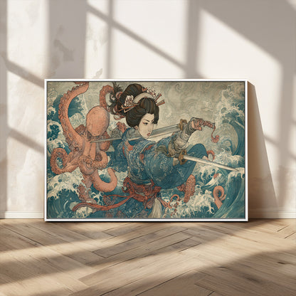 52037775-MGV-FC-36X24_White-Tsukioka Yoshitoshi Samurai Wall Art Print, Japanese Katana Warrior Canvas Wall Art, Octopus Sea Monster Canvas Print,
