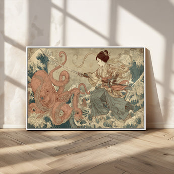 54879547-MGV-CV-36X24-Samurai Woman Wall Art – Japanese Ukiyo-e Style Canvas Print with Katana and Octopus, Traditional Asian Inspired Battle Artwork