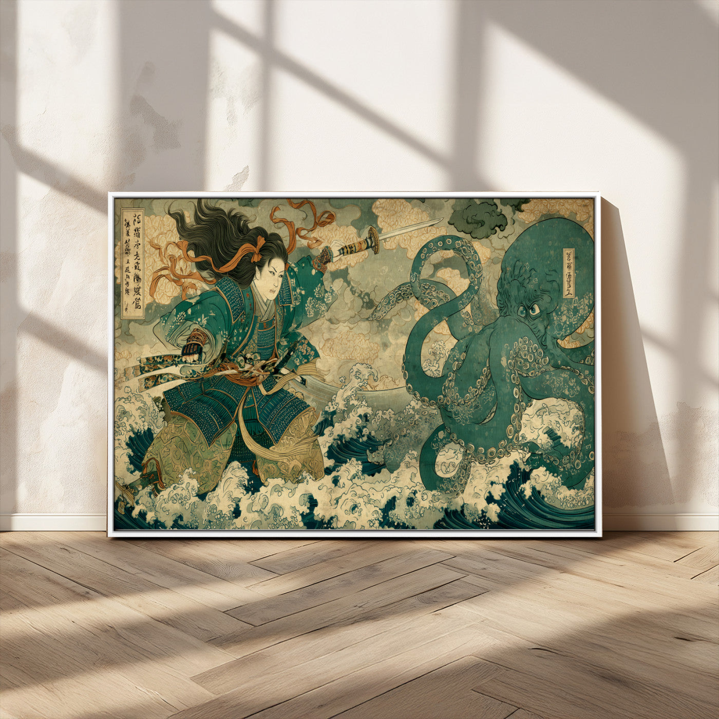 24416422-MGV-FC-36X24_White-Tsukioka Yoshitoshi Samurai Wall Art Print, Japanese Katana Warrior Canvas Wall Art, Octopus Sea Monster Canvas Print,