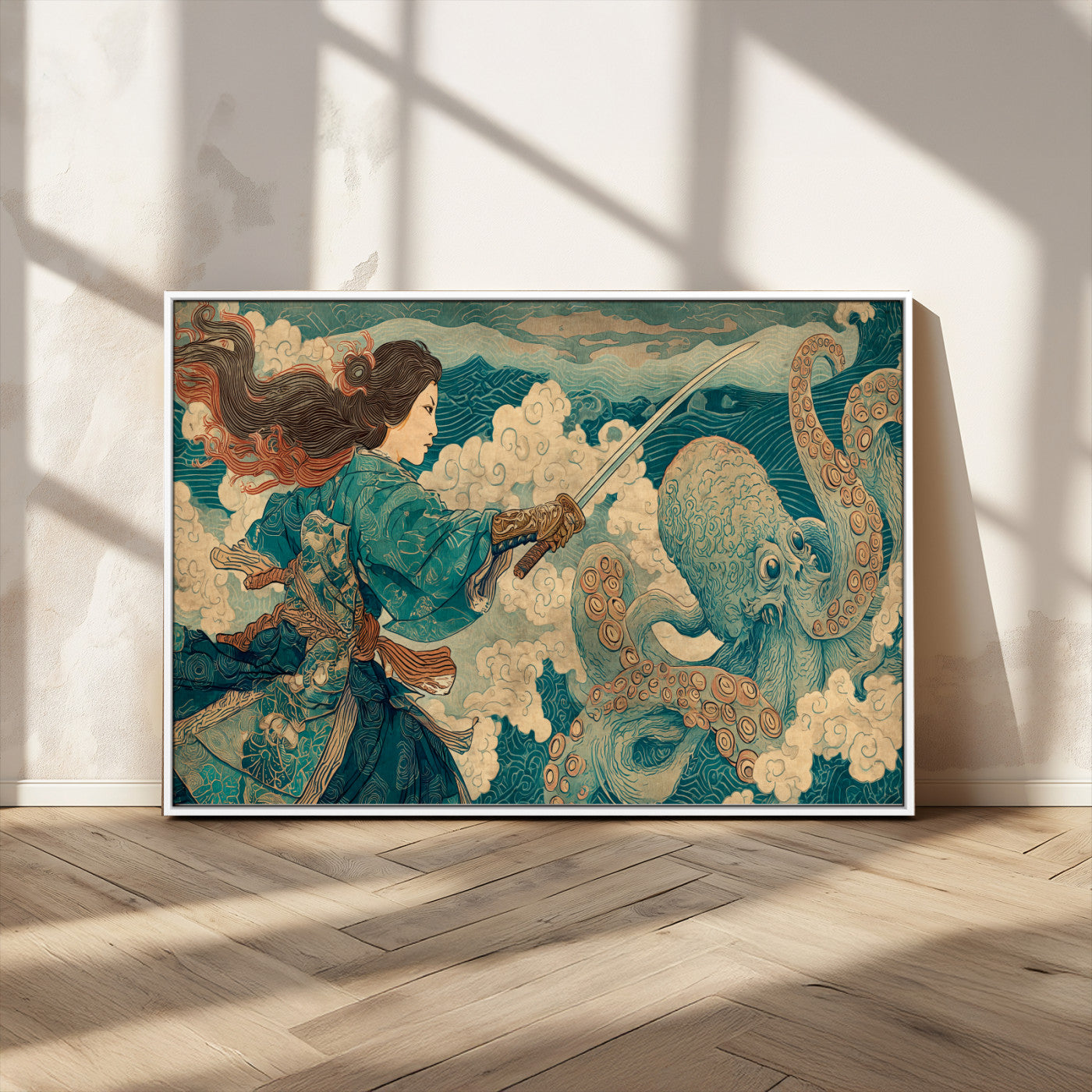 37943964-MGV-CV-36X24-Samurai Warrior vs Octopus Wall Art – Japanese Ukiyo-e Style Canvas Print, Ocean Battle Scene Artwork for Living Room, Office, Man