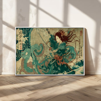 86918027-MGV-CV-36X24-Samurai Warrior vs Octopus Wall Art – Japanese Ukiyo-e Ocean Battle Canvas Print, Traditional Samurai Artwork for Living Room,