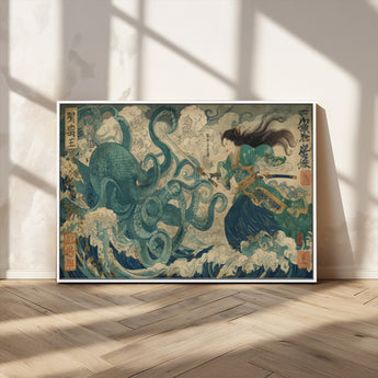 60346622-MGV-FC-36X24_White-Samurai Warrior vs Octopus Wall Art – Japanese Ukiyo-e Style Ocean Battle Canvas Print, Traditional Samurai Artwork for Living