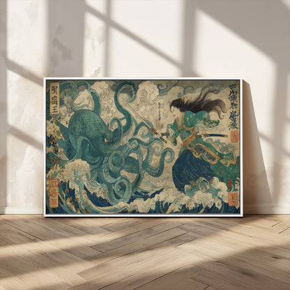 60346622-MGV-FC-36X24_White-Samurai Warrior vs Octopus Wall Art – Japanese Ukiyo-e Style Ocean Battle Canvas Print, Traditional Samurai Artwork for Living