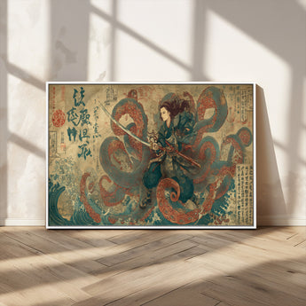 98593115-MGV-CV-36X24-Samurai Warrior vs Octopus Wall Art – Japanese Ukiyo-e Calligraphy Canvas Print, Ocean Battle Scene Artwork for Living Room,