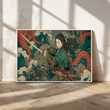35461724-MGV-CV-36X24-Samurai Woman vs Octopus Wall Art – Japanese Ukiyo-e Ocean Waves Canvas Print, Red Tentacle Battle Artwork for Living Room,