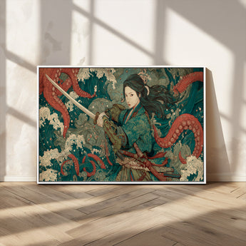 35461724-MGV-CV-36X24-Samurai Woman vs Octopus Wall Art – Japanese Ukiyo-e Ocean Waves Canvas Print, Red Tentacle Battle Artwork for Living Room,