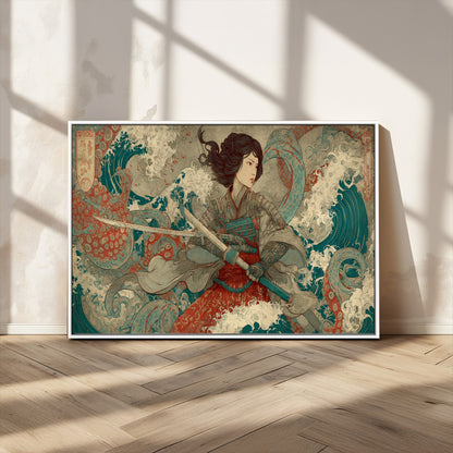 37797255-MGV-CV-36X24-Samurai Woman vs Octopus Wall Art – Japanese Ukiyo-e Red Armor Ocean Battle Canvas Print, Warrior Artwork for Living Room, Office,
