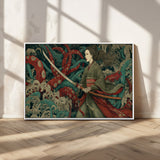 18902796-MGV-CV-36X24-Samurai Woman vs Octopus Wall Art – Japanese Ukiyo-e Green Kimono Canvas Print, Ocean Battle Scene Artwork for Living Room,