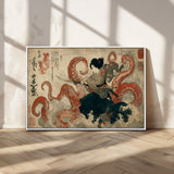 82737246-MGV-CV-36X24-Samurai Woman vs Octopus Wall Art – Japanese Ukiyo-e Dual Sword Canvas Print, Red Tentacle Ocean Battle Artwork for Living Room,