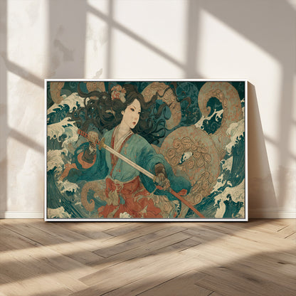 79740258-MGV-FC-36X24_White-Tsukioka Yoshitoshi Samurai Wall Art Print, Japanese Katana Warrior Canvas Wall Art, Octopus Sea Monster Canvas Print,