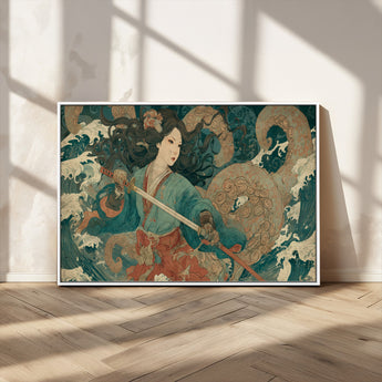 79740258-MGV-FC-36X24_White-Samurai Woman vs Octopus Wall Art – Japanese Ukiyo-e Blue Kimono Canvas Print, Ocean Battle Artwork for Living Room, Office, Man