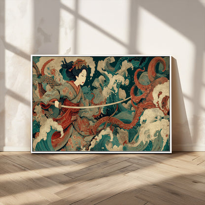 30212982-MGV-CV-36X24-Samurai Woman vs Octopus Wall Art – Japanese Ukiyo-e Style Warrior and Sea Monster Canvas Print, Mythology Inspired Artwork for